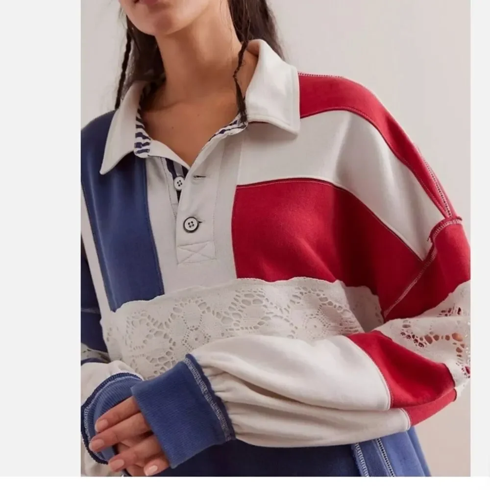 Free People We The Free American Dream Polo Pullover Top Striped